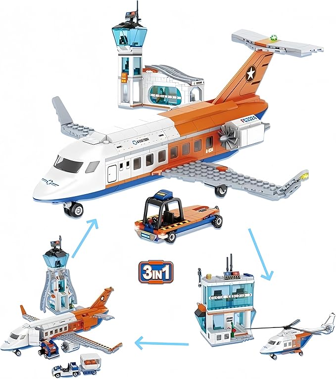 City Passenger Airplane Building Set, 697 PCS, STEM 3 in 1 Airport Plane Building Block Toy with Baggage Truck & Radar Tower, Fun Idea for Boys & Girls Ages 8+