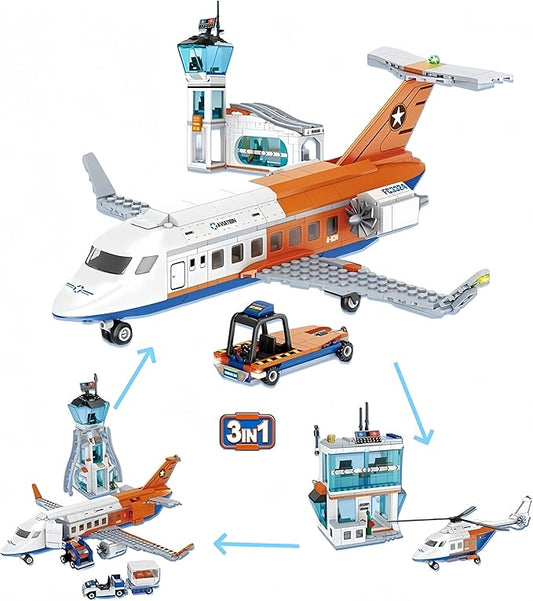 City Passenger Airplane Building Set, 697 PCS, STEM 3 in 1 Airport Plane Building Block Toy with Baggage Truck & Radar Tower, Fun Idea for Boys & Girls Ages 8+