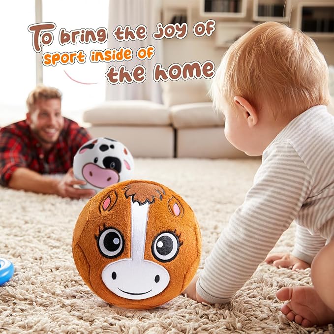 Silent Indoor Soccer Balls for Toddlers, Inflatable Soft Plush Baby Toddler Soccer Ball Toys Gifts for 0+Year Old Boy Girl First Birthday Gift (Pony, Pump Include)