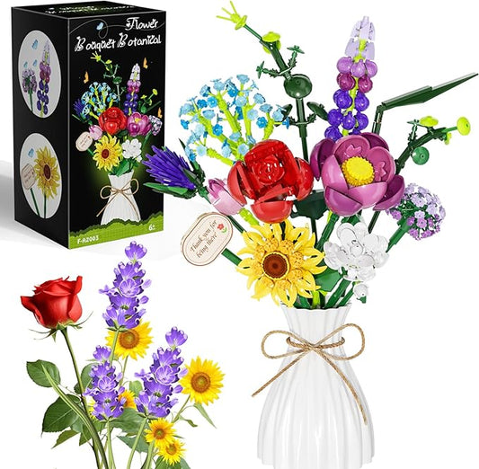 Flowers Bouquet Building Set, Botanical Collection Artificial Flower with Vase, Rose, Sunflower, Hydrangea, Jasmine for Home Decor, Plants Gifts for Mother's Day Anniversary Adults Women Girls