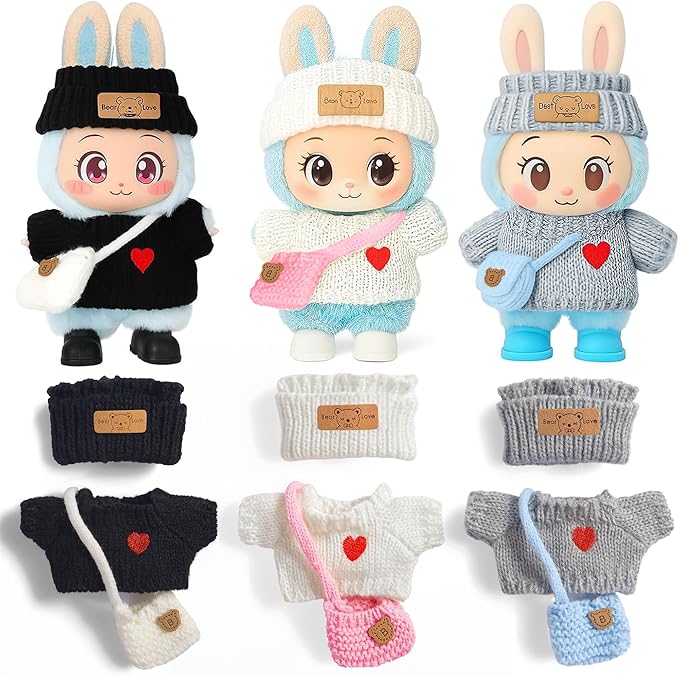 ebuddy 3 Sets Doll Clothes for 17cm Plush Doll-Knit Outfit Set Sweater Collection Heart Pattern Top + Hat + Crossbody Bag for 6.7" Dolls (Doll and Glasses Not Included)