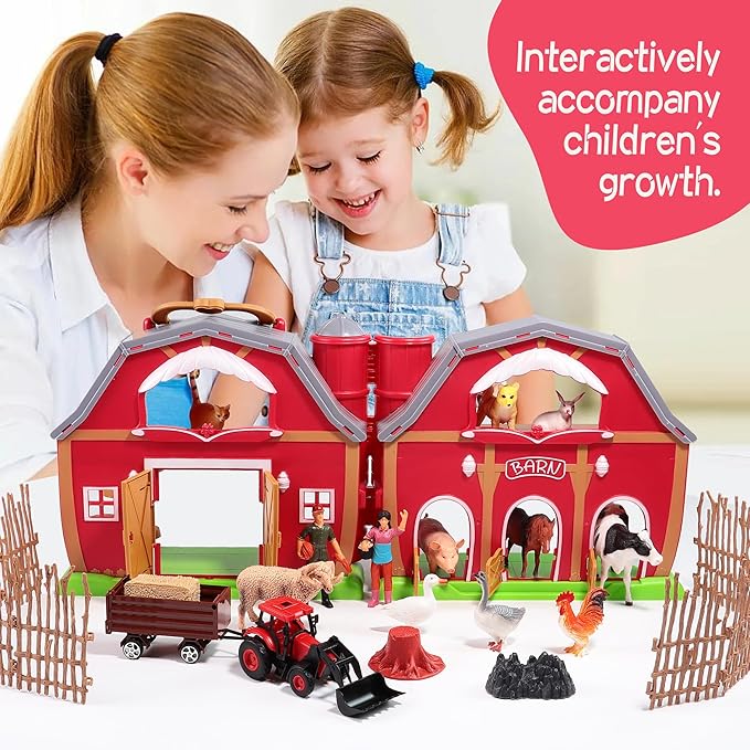 Red Barn Farm Animals Toys, 28PCS Animals Figures and Farm Tractor Playset, Educational Learning Toys for Toddlers and Kids 3 4 5 Year Old Boys and Girls Birthday Festival Gift