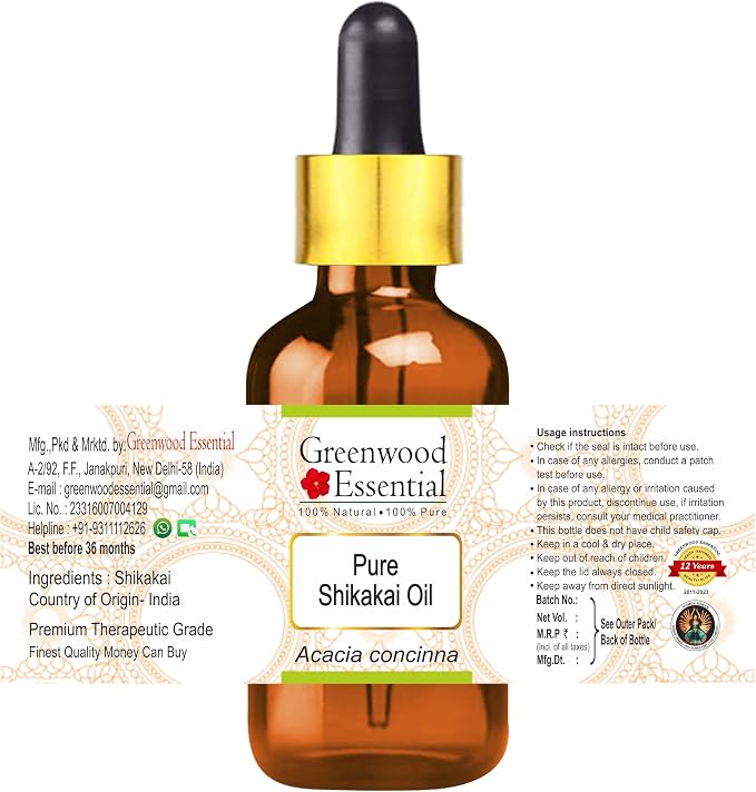 Greenwood Essential Shikakai Oil (Acacia concinna) with Glass Dropper | Infused | Pure | Non-Sticky | Lightweight | For Hair Cleansing | Natural Plant Extract | Men & Women | 100ml (3.38 oz)