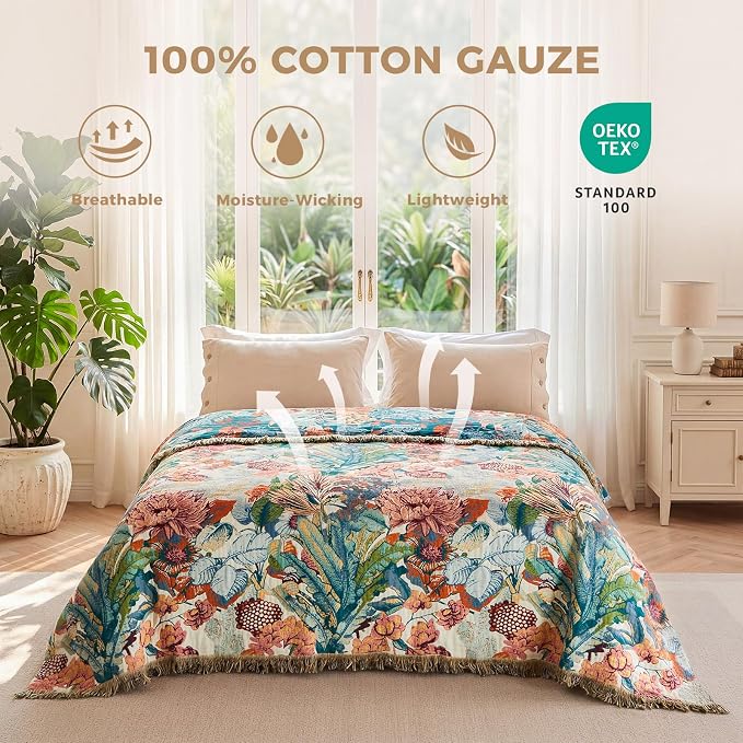 LUTBM Boho Throw Blanket for Bed 60"x80", All Season Cotton Couch Blankets | Reversible Botanical Floral Jacquard, Lightweight Breathable Twin Quilt, For Chair Sofa Living Room Bedroom, Home Decor