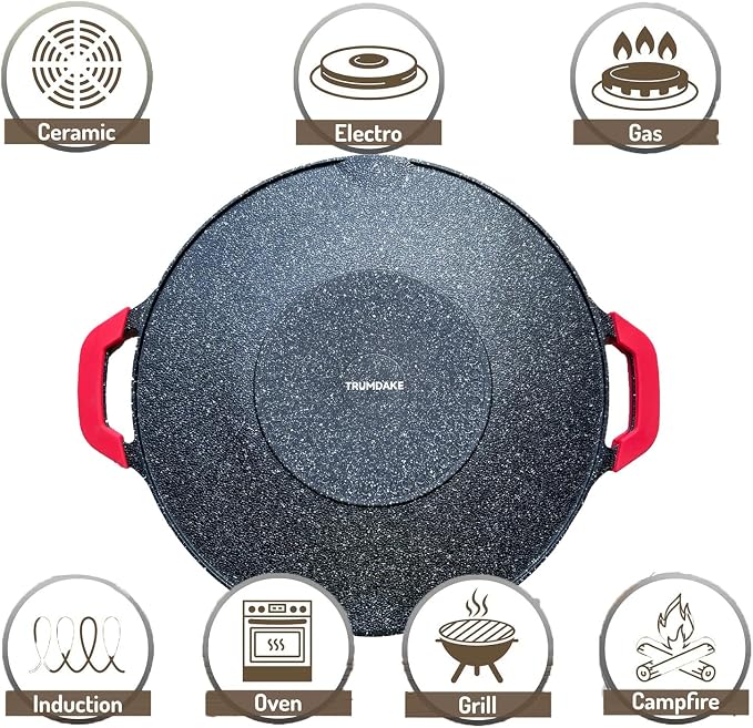 13" Korean Grill Pan with Silicone Mitts - Lightweight Non-Stick Aluminum BBQ Griddle for Indoor & Outdoor Cooking, 6-Layer Coating, Works on Induction Gas Electric Stovetops