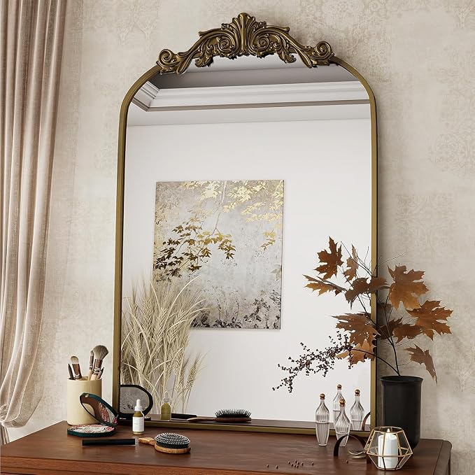 Dewfig Antique Arched Wall Mirror, 30"x22" Vintage Bronze Bathroom Mirror | Ornate Baroque Metal Frame Brass Mirror, Victorian Antique Bronze Mirrors for Living Room, Bathroom, Fireplace, Wall Decor