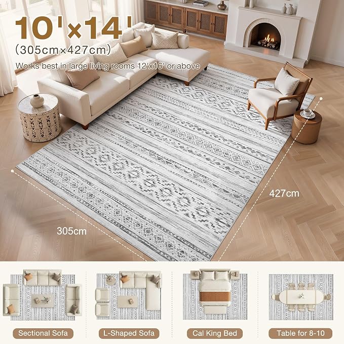 cotiled 10x14 Area Rugs Living Room Rug: Washable Boho Rugs with Non Slip Backing Large Soft Indoor Stain Resistant Carpet for Bedroom Farmhouse Dining Room Lightweight Home Decor Cream Grey