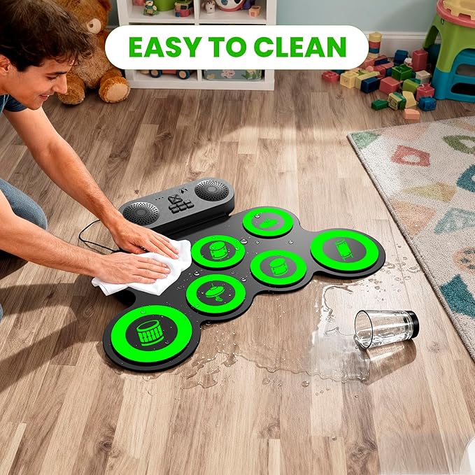 Electric Drum Set with Dual Speaker, Kids Drum Pad and Sticks Kit Supports REC, Portable Roll Up Drums Practice Pad for Kids, Great Gifts for Boys Girls