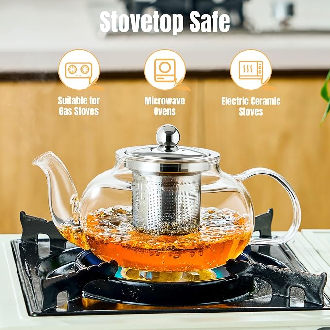 Baalaka Glass Teapot Stovetop 20 OZ/600ml, Tea pot with Removable 18/8 Stainless Steel Infuser, Borosilicate Clear Tea Kettle, Teapot Blooming and Loose Leaf Tea Maker Tea Brewer for Camping, Travel