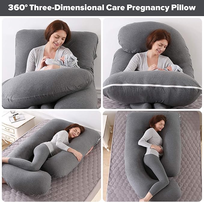 U-Shaped Full Body Pregnancy Pillow for Sleeping – 57" Maternity Pillow with Removable Cover, Support for Back, Legs, Belly & Hips (Jersey-Dark Grey)