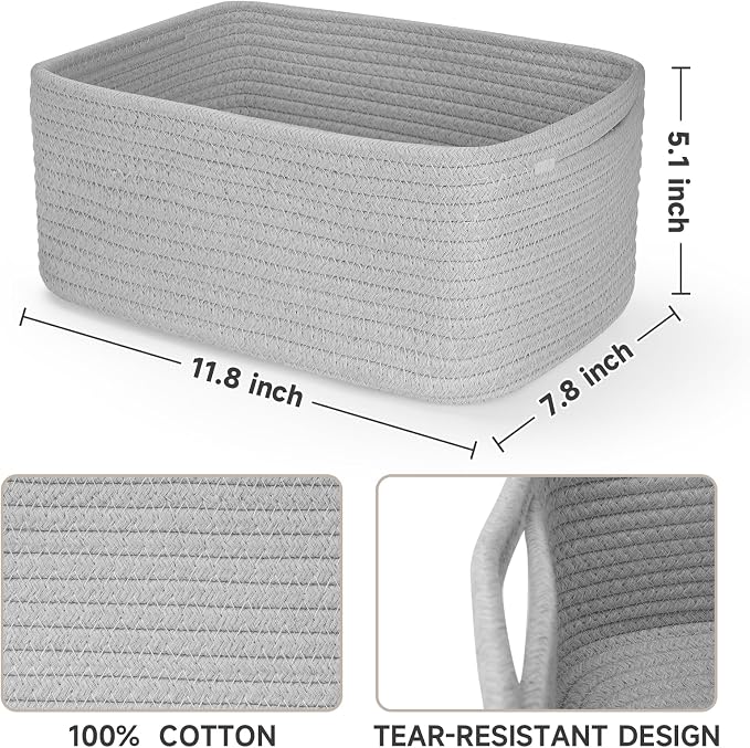 3 Pack Small Storage Baskets for Organizing, 11.8×7.8×5.1", Grey | Woven Baskets for shelves, Cotton Rope Basket for Gifts Empty, Closet Organizer Bins with Handles, Cube Decorative Box