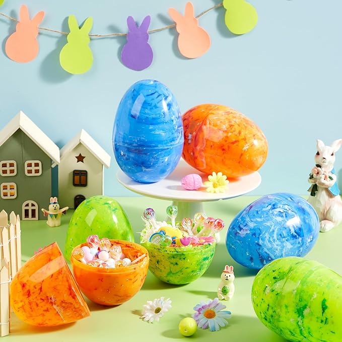 JOYIN 6 Pcs Large Marble Easter Eggs, 6 Inches Jumbo Plastic Eggs Fillable for Easter Themed Hunt Basket Stuffers Fillers Filling Treats Party Favor Classroom Prize Supplies