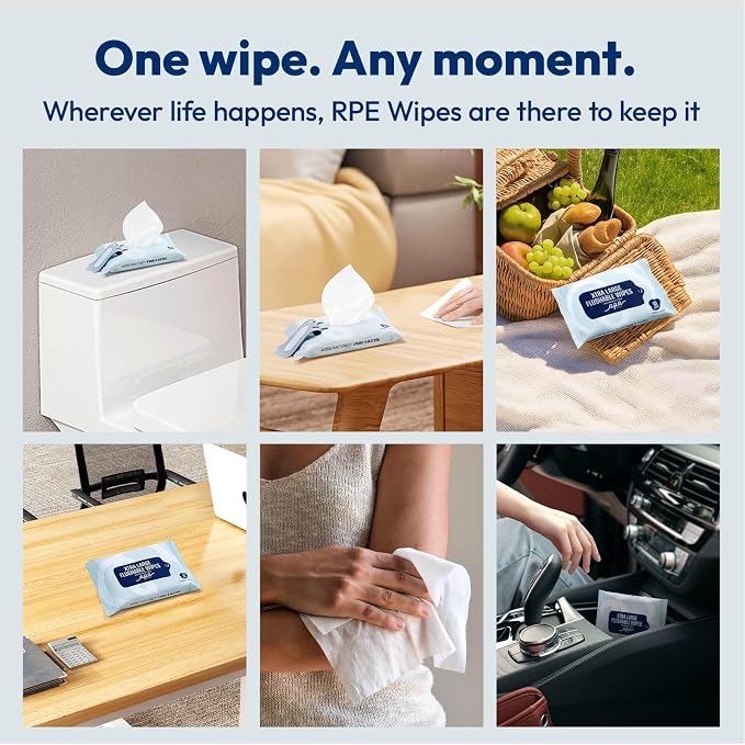 RPE Life Flushable Wet Wipes - 6 Portable Travel Size Packs (60 Ct) - Unscented Extra-Large Body & Hand Tissue with Vitamin E & Aloe - For Adults, Kids & Children - Perfect for On-the-Go & Outdoor Use