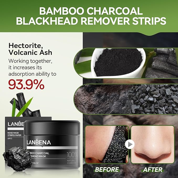 LANBENA Bamboo Charcoal Blackhead Mask Nose Pore Strips, Deep Cleansing Peel off Mask & 60Pcs Nose Strips Paper