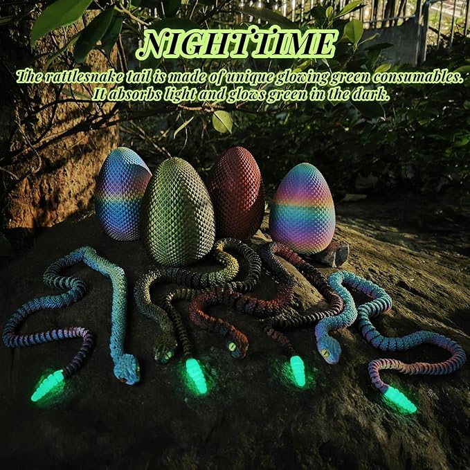 3D Printed Snake with Egg Set - 23.23Inch Rattlesnake with Luminous Tail, 3D Printed Animal with Snake Inside, Fake Snake Fidget Toys for Kids & Adults, Hallowen Decor (Rainbow Color)