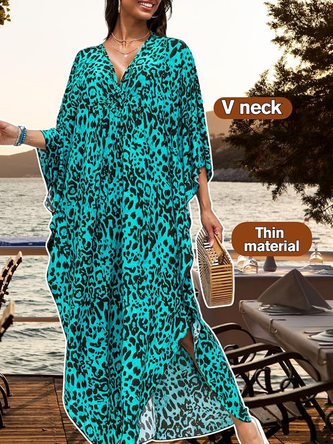 ChiaoLezhee Print Moo-Moos for Women, Kaftan Cover-Up Dresses, Sexy V-Neck High-Slit, Beach Pool-Party Coverups Muumuu Plus