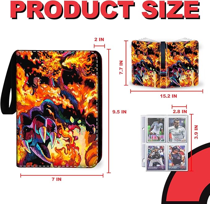 440 Card Binder 4 Pocke 3-Ring Trading Card Binder with 55 Page Removable Sleeves, High Storage Trading Card Holder Collection Card Album Carrying Organizer Case for TCG Cards-Fire Dragon