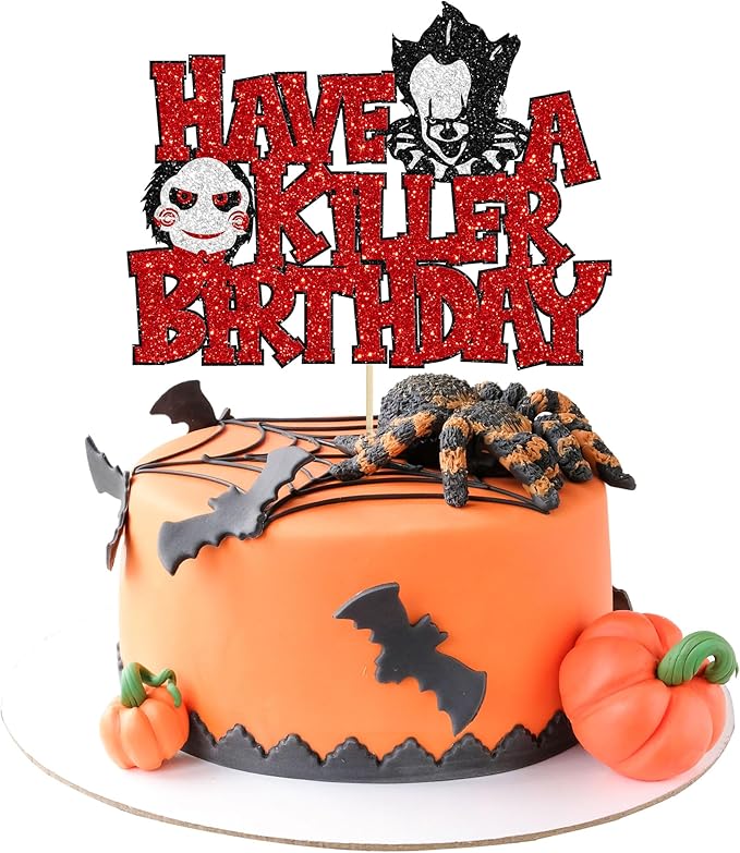 Gyufise 1Pcs Have a Killer Birthday Cake Topper Glitter Horror Classic Birthday Halloween Cake Pick for Bloody Horror Halloween Theme Party Cake Decorations Supplies