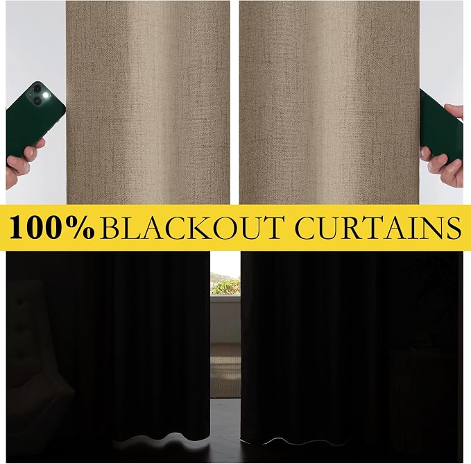 NICETOWN Bedroom 100% Blackout Linen Curtains, Thick Insulated Rod Pocket & Back Tab Full Light Blocking Draperies with Gray Liner for Night Shift Workers (Set of 2, 52 by 72-inch, Burlap)
