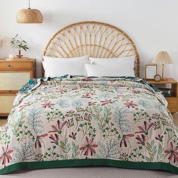 Boho Throw Blanket for Bed 100% Cotton Bohemian Blankets Ultra Soft Woven Muslin Decorative Blankets All Seasons Vintage Quilt Knitted Blanket for Sofa Chair(Green, 50"x60")