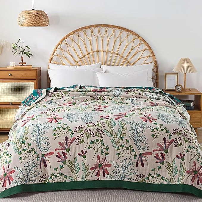 Boho Throw Blanket for Bed 100% Cotton Bohemian Blankets Ultra Soft Woven Muslin Decorative Blankets All Seasons Vintage Quilt Knitted Blanket for Sofa Chair(Green, 80"x90")