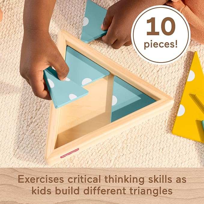 Fisher-Price Wood Montessori Toy Triangle Puzzle, American Montessori Society Seal of Excellence, 10-Piece Wooden Learning Activity & Expert Play Tips for Kids Ages 3+ Years