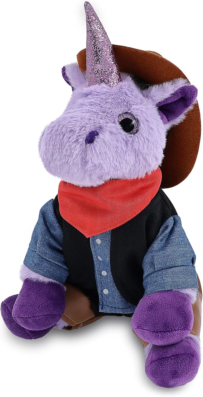 DolliBu Purple Unicorn Stuffed Animal Cowboy Plush with Name Personalization - Western-Themed Unicorn Plush with Cute Cowboy Costume Denim Shirt Vest, Bandana, Leather Pants, and Hat - 9 Inches
