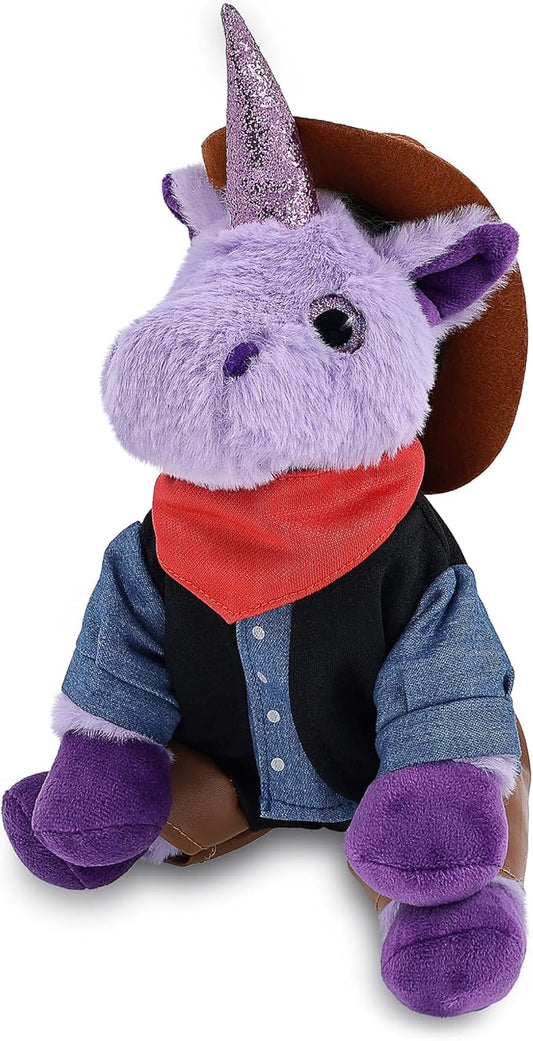 DolliBu Purple Unicorn Stuffed Animal Cowboy Plush with Name Personalization - Western-Themed Unicorn Plush with Cute Cowboy Costume Denim Shirt Vest, Bandana, Leather Pants, and Hat - 9 Inches