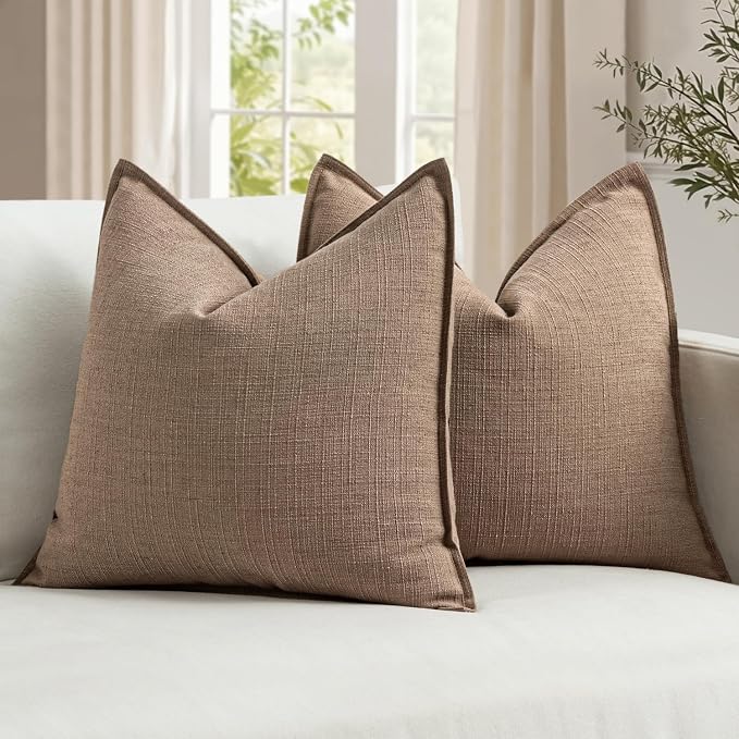 MIULEE Thick Textured Euro Sham Throw Pillow Covers 26x26 Inch Coco Brown | Set of 2, Decorative Linen Blend Pillow Cover, Flange Edge Design, Farmhouse Modern Boho Style, Bed Couch Living Room Decor