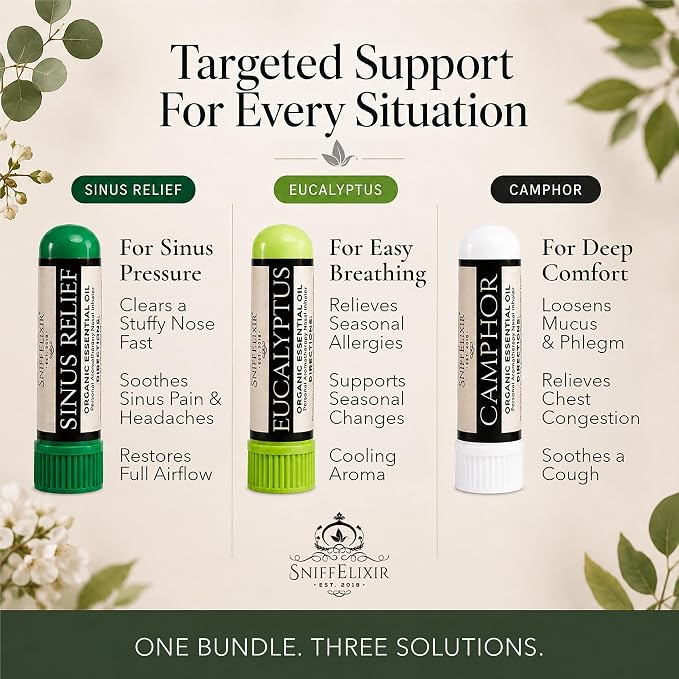 Sinus & Allergy Relief Essential Oil Aromatherapy Nasal Stick Vapor Inhaler - Breathe Free 3-Pack, Stuffy Nose, Mucus & Chest Congestion, Made with Organic Essential Oils