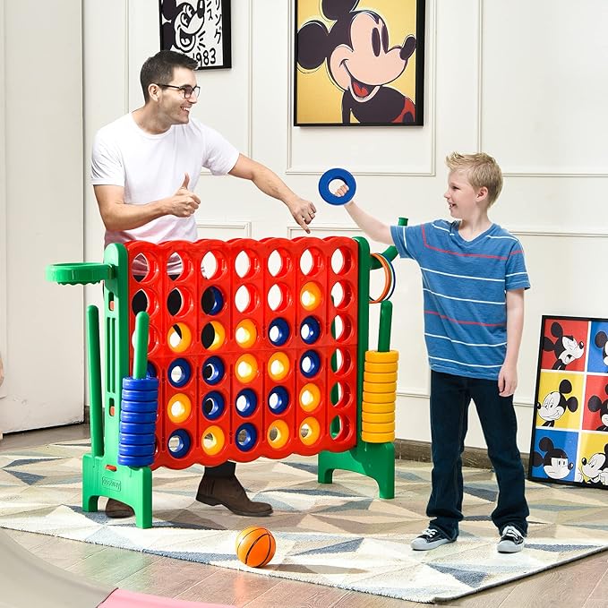 COSTWAY Jumbo 4-to-Score Giant Game Set for Kids & Adults, 2.5Ft Indoor Outdoor Game with Basketball Hoop, Ring Game, 42 Jumbo Rings, Quick-Release Slider, Perfect for Birth & Holiday Party