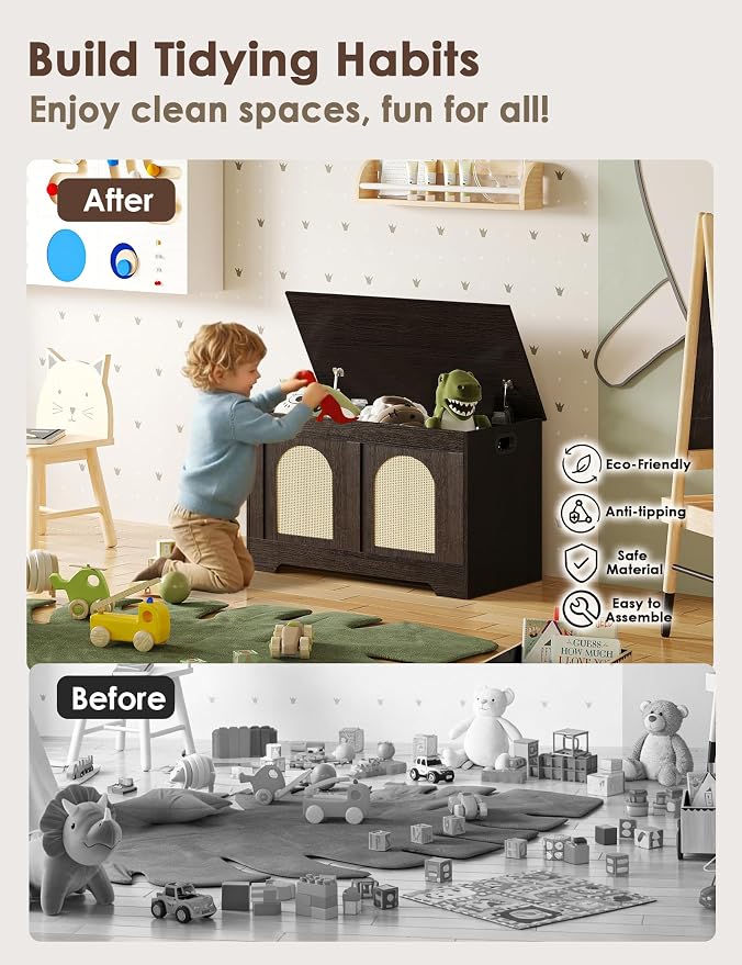 Storage Chest, Wooden Toy Box, Espresso Oak 31.5" L | Entryway Shoe Bench, 2 Safety Hinges, Finger-safe Flip-Top, Easy Assembly, Farmhouse Large Trunk, Rattan, Living Room/Bedroom
