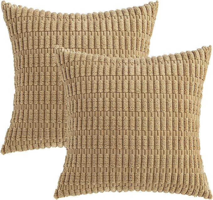 MIULEE Euro Sham Corduroy Decorative Throw Pillow Covers 22x22 Khaki | Pack of 2 Soft Boho Striped Pillow Covers Modern Farmhouse Fall Home Decor For Sofa Living Room Couch Bed