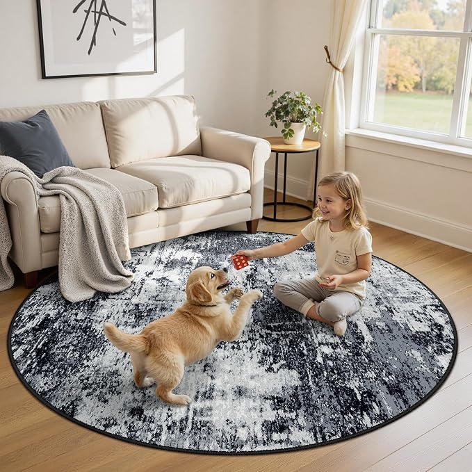 RELEANY Washable Round 8ft Area Rug for Living Room Black White | carpet for bedroom, kitchen, office, hallway and entryway, printed pattern, non-slip, soft, stain-resistant, easy to clean