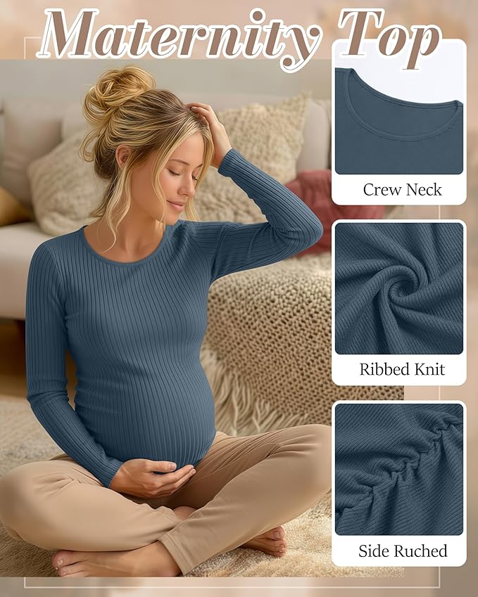 Huukeay 4 Pack Women's Maternity Shirts, Long Sleeve Cotton Ribbed Pregnancy Tops Side Ruched Crew Neck Casual Mama Clothes