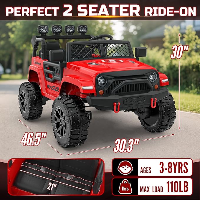 ARBELI 2 Seater Ride On Car for Kids, EVA Tires, 24V 4WD Electric Car w/Remote Control, Bluetooth, LED Lights, Ride On Truck for Boys and Girls Aged 3-8, Red