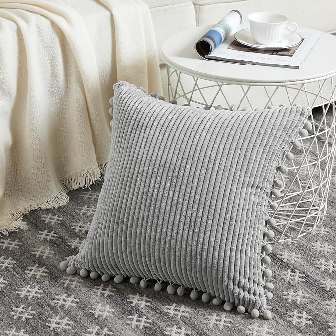 Fancy Homi Set of 2 Neutral Grey Decorative Throw Pillow Covers 12x12 Inch with Pom-poms for Couch Bed Sofa, Modern Farmhouse Boho Home Decor, Soft Plush Corduroy Cute Cushion Case 30x30 cm