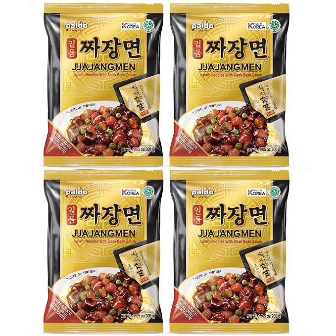 PALDO FUN & YUM Jjajangmen Vegan Black Bean Instant Ramen, Korean Chajang Noodles, K-Food (Pack of 4)