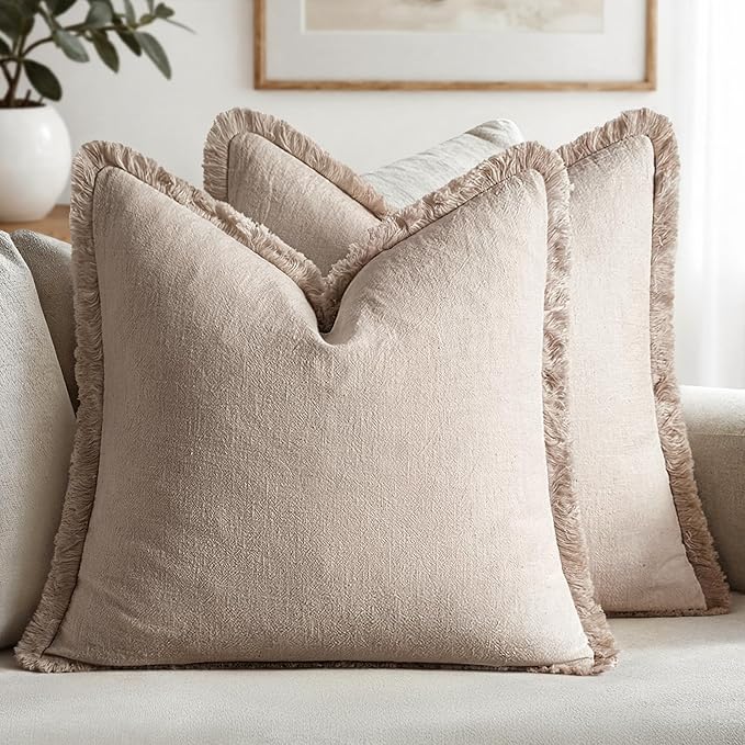 MIULEE Boho Natural Linen Fringe Decorative Euro Throw Pillow Covers 28x28 | Set of 2, Cottagecore Decor, Boho Farmhouse Neutral Pillow Covers, Rustic Couch Cushion Cases for Sofa Bed Living Room