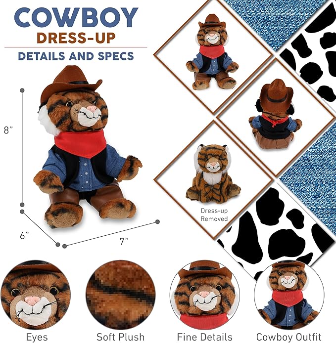 DolliBu Squat Tiger Stuffed Animal Cowboy Plush with Name Personalization - Western-Themed Tiger Plush with Cute Cowboy Costume Denim Shirt Vest, Bandana, Leather Pants, and Hat - 8 Inches