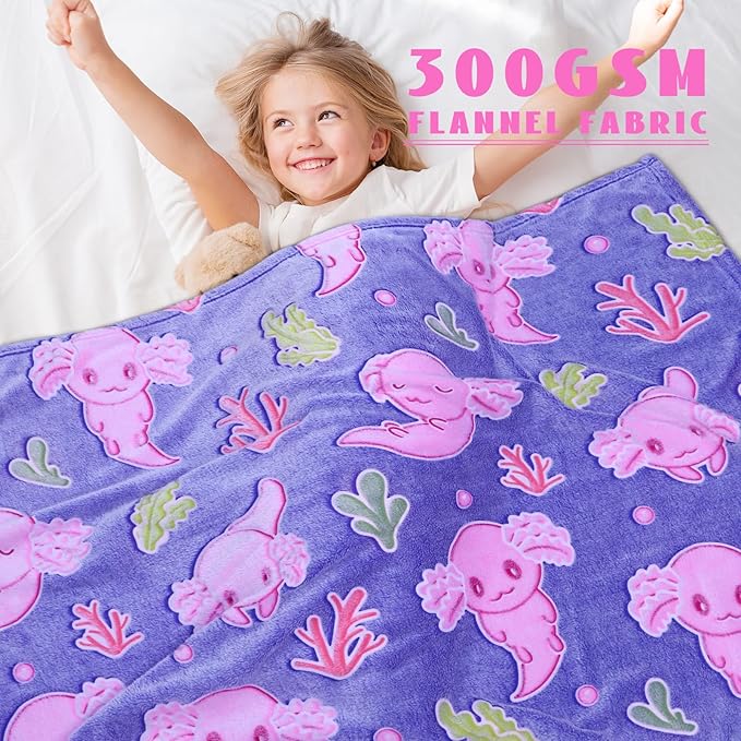 Axolotl Gifts Glow in The Dark Blanket for Girls Salamander Toys Kids Cute Animals Fish Throw Blankets Soft Fleece Blanket Room Decor 50 "X 60"