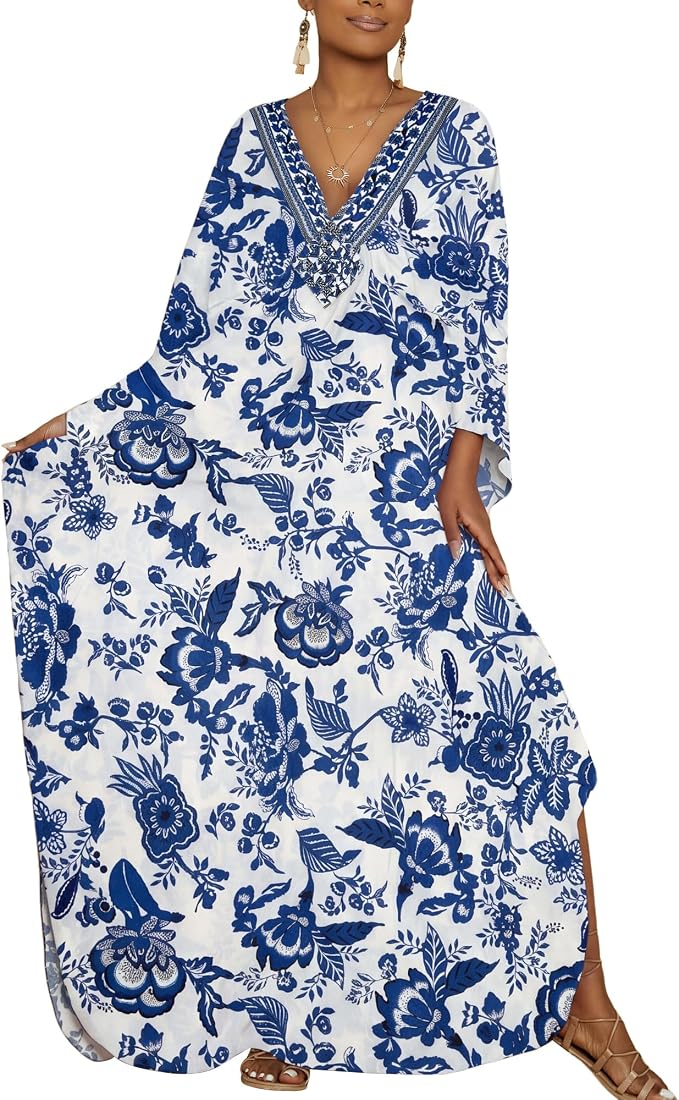 Bsubseach Kaftan Dresses for Women Floral Print Plus Size Beach Cover Up | Lightweight V Neck Loose Fit Boho Dress, Batwing Sleeve Side Slit, Moo Moos for Women Home Loungwear Cruise Resort Wear