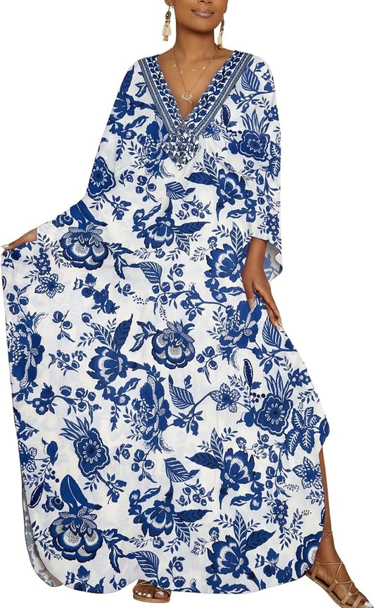 Bsubseach Kaftan Dresses for Women Floral Print Plus Size Beach Cover Up | Lightweight V Neck Loose Fit Boho Dress, Batwing Sleeve Side Slit, Moo Moos for Women Home Loungwear Cruise Resort Wear