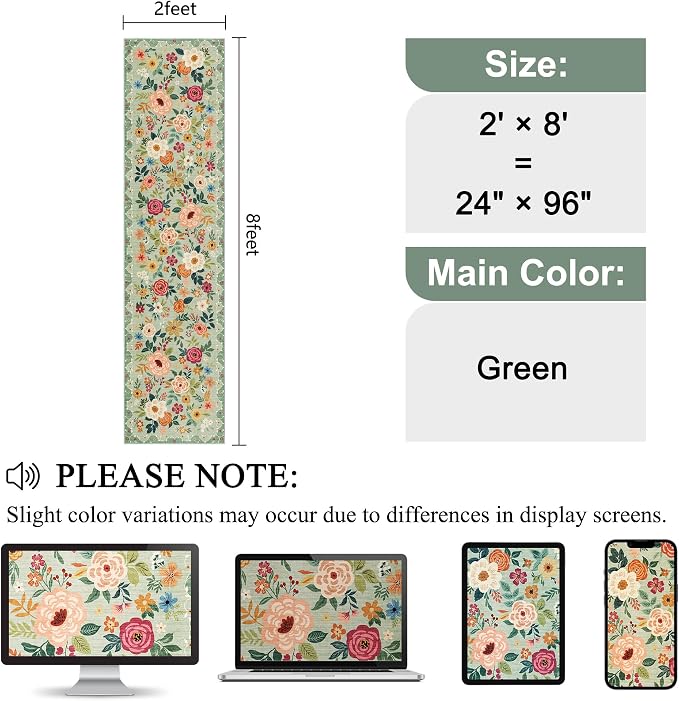 DUKINO 2x8 Runner Rug, Washable Runner Rug for Kitchen Non Slip, Green | Low Pile, Floral, Soft Indoor Rug for Hallway, Entryway, Bedroom, Bathroom, Pet Friendly, Stain Resistant, Modern Home Decor
