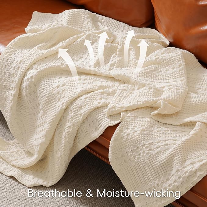 PHF 100% Cotton Waffle Weave Throw Blanket, Lightweight Breathable Summer Blanket for Couch Sofa, Pre-Washed Soft Throws for Bed, Office, Travel & Stylish Home Decor, 50"x60", Natural