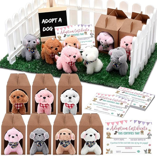 84 Pcs Adopt a Pet Party Favors 24 Mini Plush Stuffed Animals 10 White Plastic Fence 24 Paper Gift Boxes 24 Adoption Cards with Mini Chalkboard and Artificial Lawn(Dog)