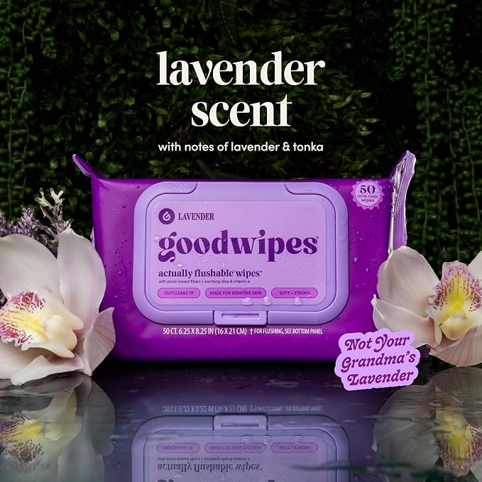 goodwipes Flushable Wipes for Adults - Lavender Butt Wipes for Women & Men, Septic Safe, Toilet & Bathroom Essentials, Extra Large, 318 Count (6 Packs and 1 Travel Pack)