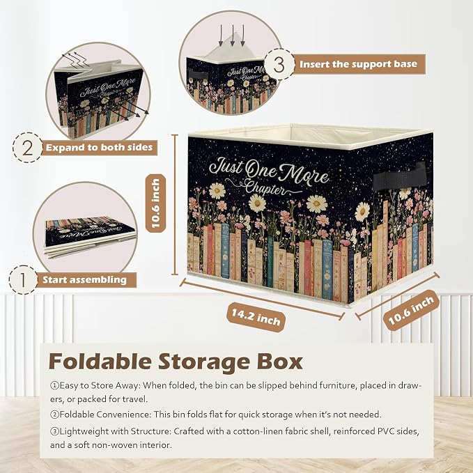 Mystical Celestial Floral Bookish Storage Box Bins, Just One More Chapter Collapsible Storage Basket Organizer for Reading Nook Corner Room Library Home Clothes Books