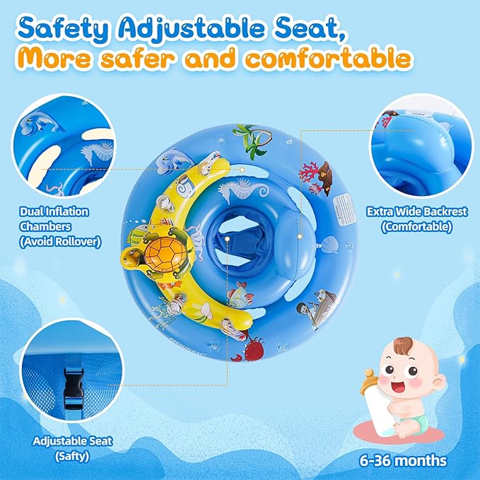 Baby Pool Float,Extra Wide Infant Pool Float,Baby Floaties 6-12 Months,Toddler Swim Float with Canopy Removable UPF50+ Sun Protection＆Toy Play Console,Adjustable Safety Seat,Toddler Floaties (Blue)