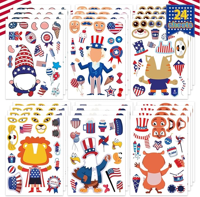 4th of July Sticker Make-a-face Stickers Patriotic Crafts Stickers for Kids, Independence Day Make Your Own Stickers, Fourth of July American Birthday, USA Clasroom Decoration, Memorial Day
